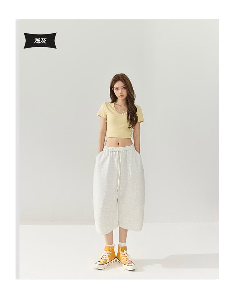 남쪽 기름 높은 품질 아메리칸 레트로 느긋한 바람 펌프 로프 캐주얼 7부 바지 삼색 밴딩 하이웨이스트 표지 고기 와이드 레그 팬츠 상세 이미지 17