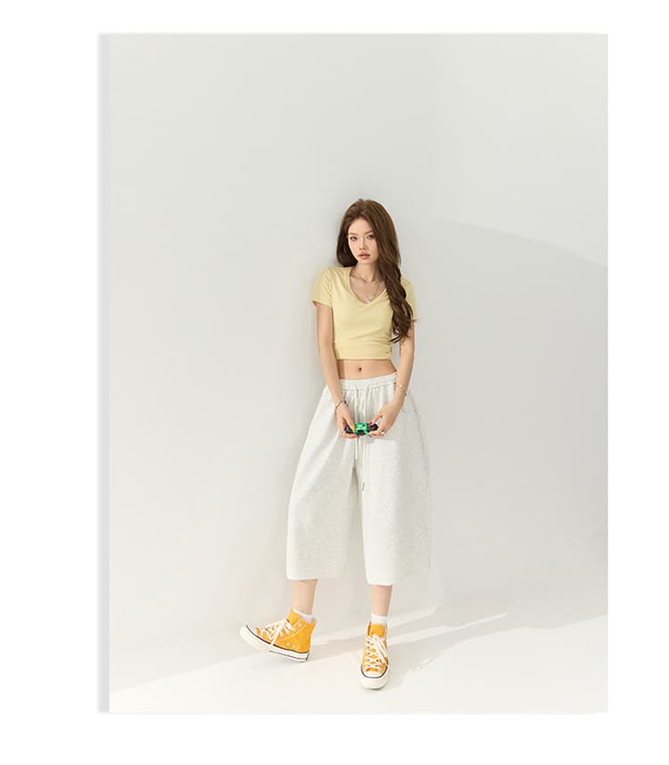 남쪽 기름 높은 품질 아메리칸 레트로 느긋한 바람 펌프 로프 캐주얼 7부 바지 삼색 밴딩 하이웨이스트 표지 고기 와이드 레그 팬츠 상세 이미지 19