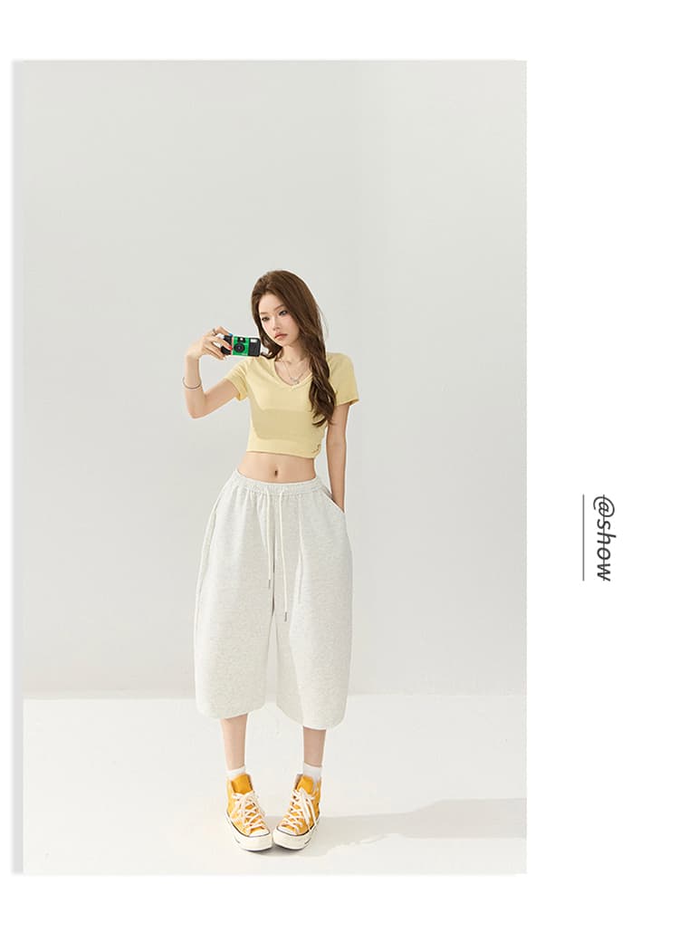 남쪽 기름 높은 품질 아메리칸 레트로 느긋한 바람 펌프 로프 캐주얼 7부 바지 삼색 밴딩 하이웨이스트 표지 고기 와이드 레그 팬츠 상세 이미지 20