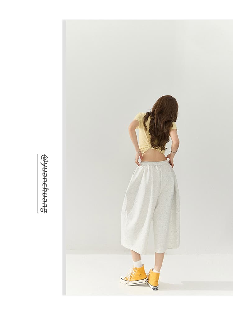 남쪽 기름 높은 품질 아메리칸 레트로 느긋한 바람 펌프 로프 캐주얼 7부 바지 삼색 밴딩 하이웨이스트 표지 고기 와이드 레그 팬츠 상세 이미지 21