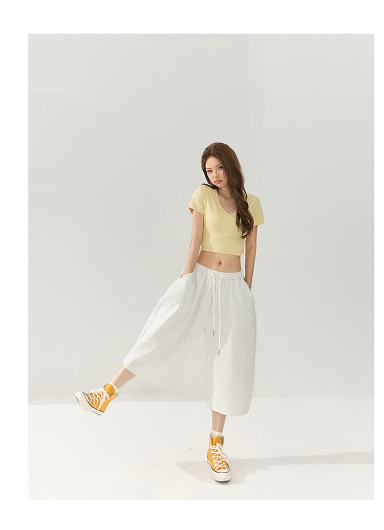 남쪽 기름 높은 품질 아메리칸 레트로 느긋한 바람 펌프 로프 캐주얼 7부 바지 삼색 밴딩 하이웨이스트 표지 고기 와이드 레그 팬츠 상세 이미지 24