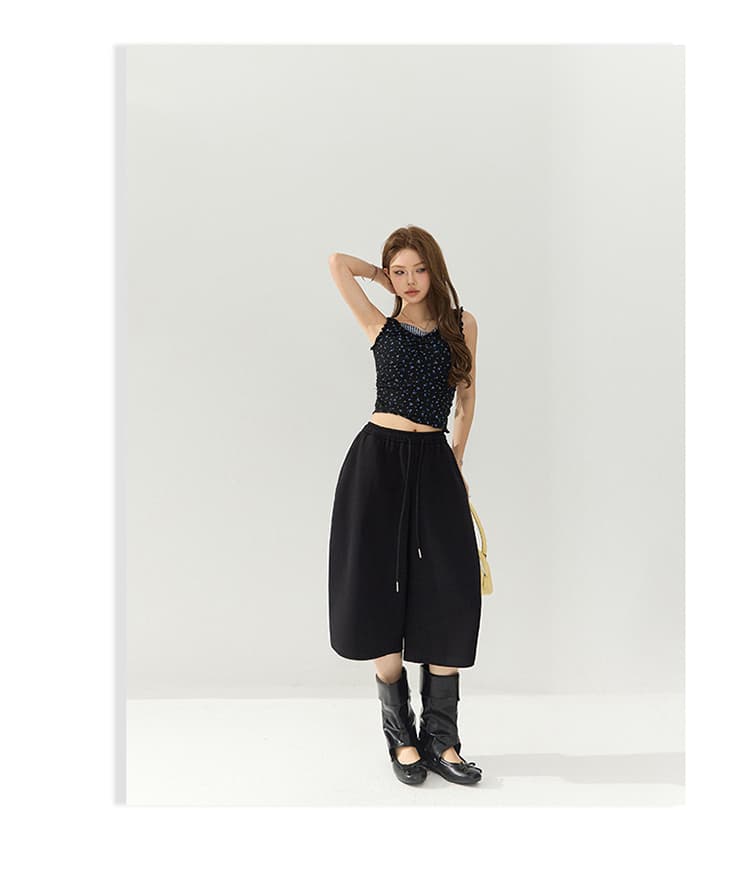 남쪽 기름 높은 품질 아메리칸 레트로 느긋한 바람 펌프 로프 캐주얼 7부 바지 삼색 밴딩 하이웨이스트 표지 고기 와이드 레그 팬츠 상세 이미지 27