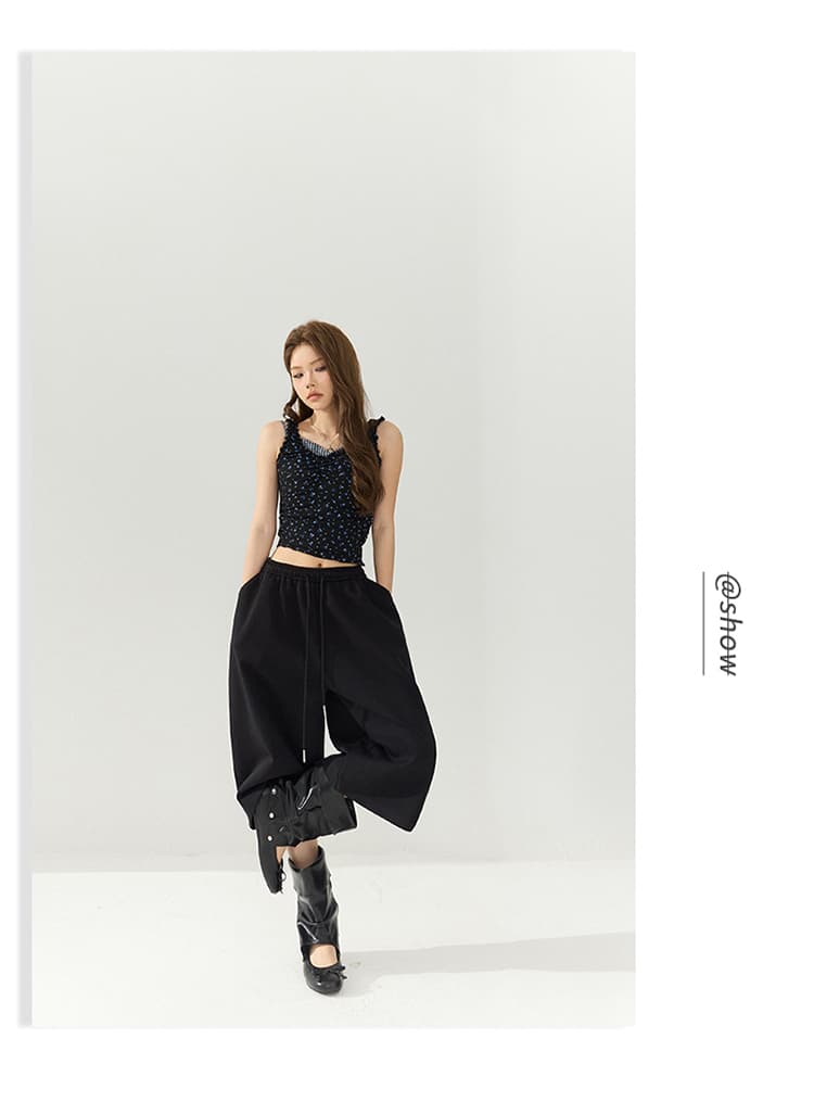 남쪽 기름 높은 품질 아메리칸 레트로 느긋한 바람 펌프 로프 캐주얼 7부 바지 삼색 밴딩 하이웨이스트 표지 고기 와이드 레그 팬츠 상세 이미지 28
