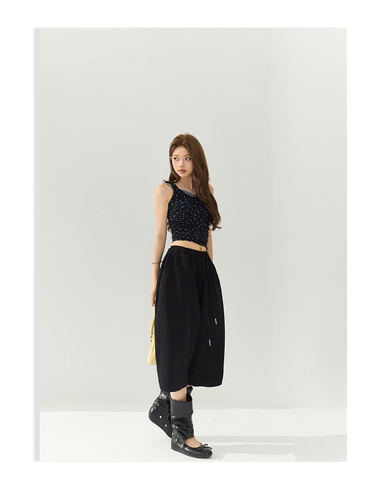 남쪽 기름 높은 품질 아메리칸 레트로 느긋한 바람 펌프 로프 캐주얼 7부 바지 삼색 밴딩 하이웨이스트 표지 고기 와이드 레그 팬츠 상세 이미지 30