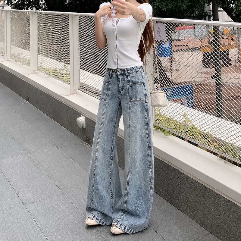일본식 트렌디 사람들 거리 밖 싱글 제품 수준 깨진 솔기 분할 핏 스타일 루즈핏 선택하지 마라. 몸 넓은 다리 데님 긴 바지 이미지 2