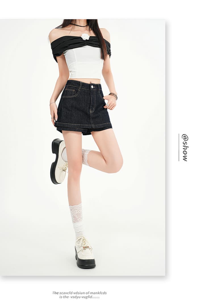 됐어. 개체 높은 품질 워싱 데님 부드러운 착용 가져 가라. 하이웨이스트 표지 넓적 다리 슬림해 보이는 이중층 노출 방지 한 마디 치마바지 상세 이미지 14
