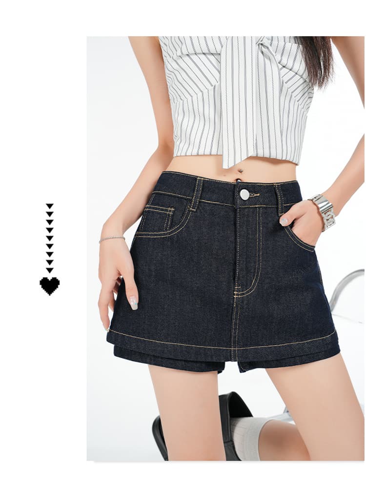 됐어. 개체 높은 품질 워싱 데님 부드러운 착용 가져 가라. 하이웨이스트 표지 넓적 다리 슬림해 보이는 이중층 노출 방지 한 마디 치마바지 상세 이미지 17