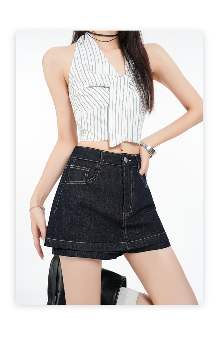 됐어. 개체 높은 품질 워싱 데님 부드러운 착용 가져 가라. 하이웨이스트 표지 넓적 다리 슬림해 보이는 이중층 노출 방지 한 마디 치마바지 상세 이미지 21