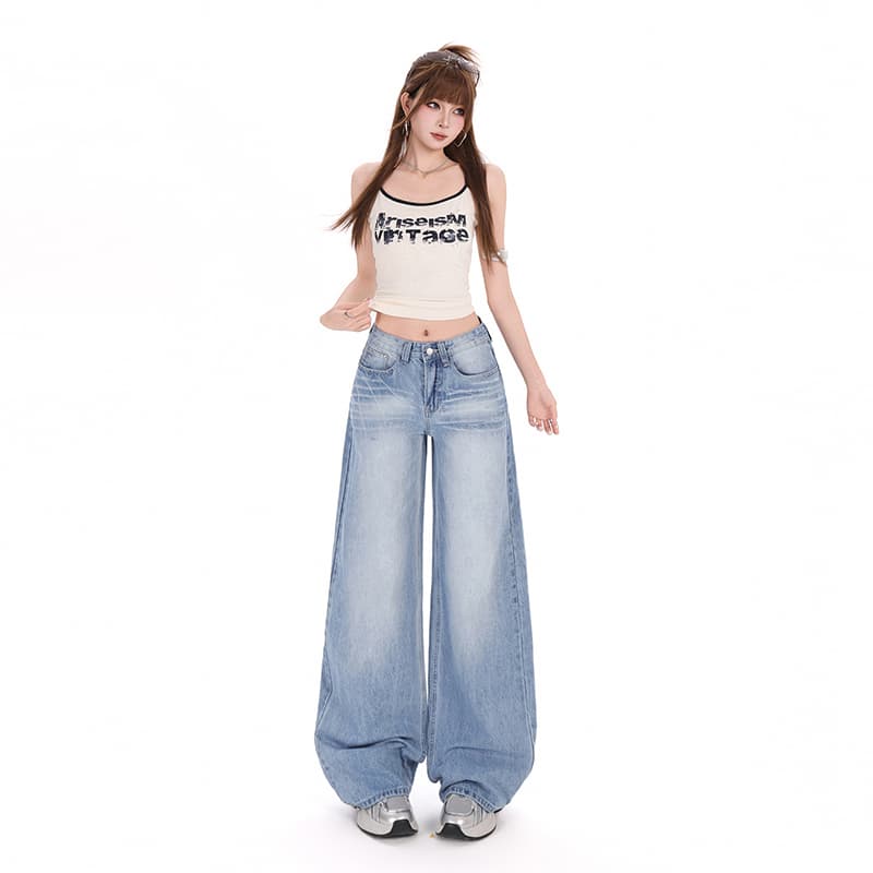 생방송 2026 워싱 하늘색 아메리칸 레트로 넓은 다리 청바지 여성 루즈핏 슬림해 보이는 모통이 칼 스트레이트 바닥 청소 긴 바지