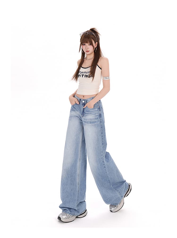 생방송 2026 워싱 하늘색 아메리칸 레트로 넓은 다리 청바지 여성 루즈핏 슬림해 보이는 모통이 칼 스트레이트 바닥 청소 긴 바지 상세 이미지 9
