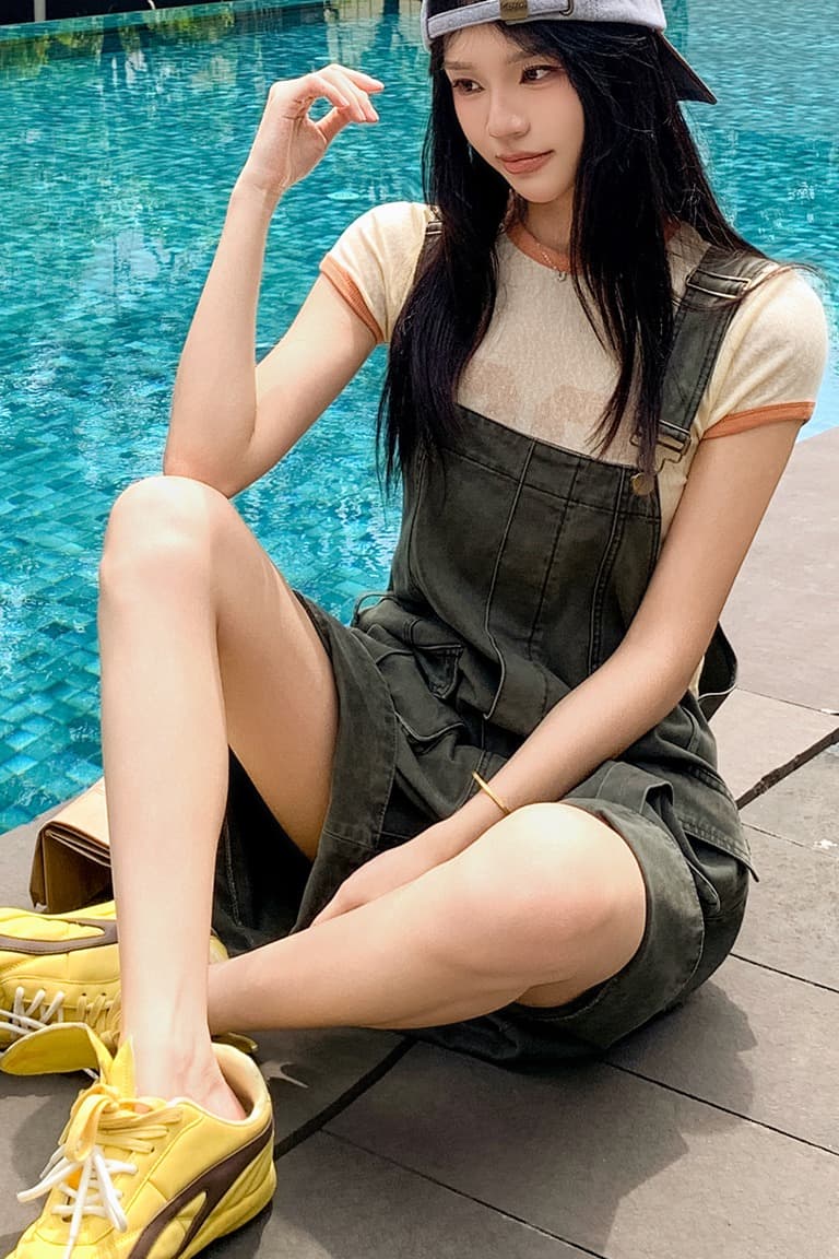 일본 싱글 레트로 마 오래된 워싱 데님 루즈핏 표지 넓적 다리 슬림해 보이는 연령 감소 다용도 워크웨어 멜빵 반바지 이미지 6