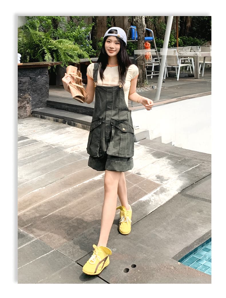 일본 싱글 레트로 마 오래된 워싱 데님 루즈핏 표지 넓적 다리 슬림해 보이는 연령 감소 다용도 워크웨어 멜빵 반바지 상세 이미지 12