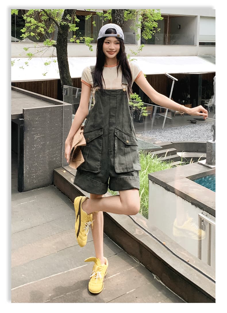 일본 싱글 레트로 마 오래된 워싱 데님 루즈핏 표지 넓적 다리 슬림해 보이는 연령 감소 다용도 워크웨어 멜빵 반바지 상세 이미지 19
