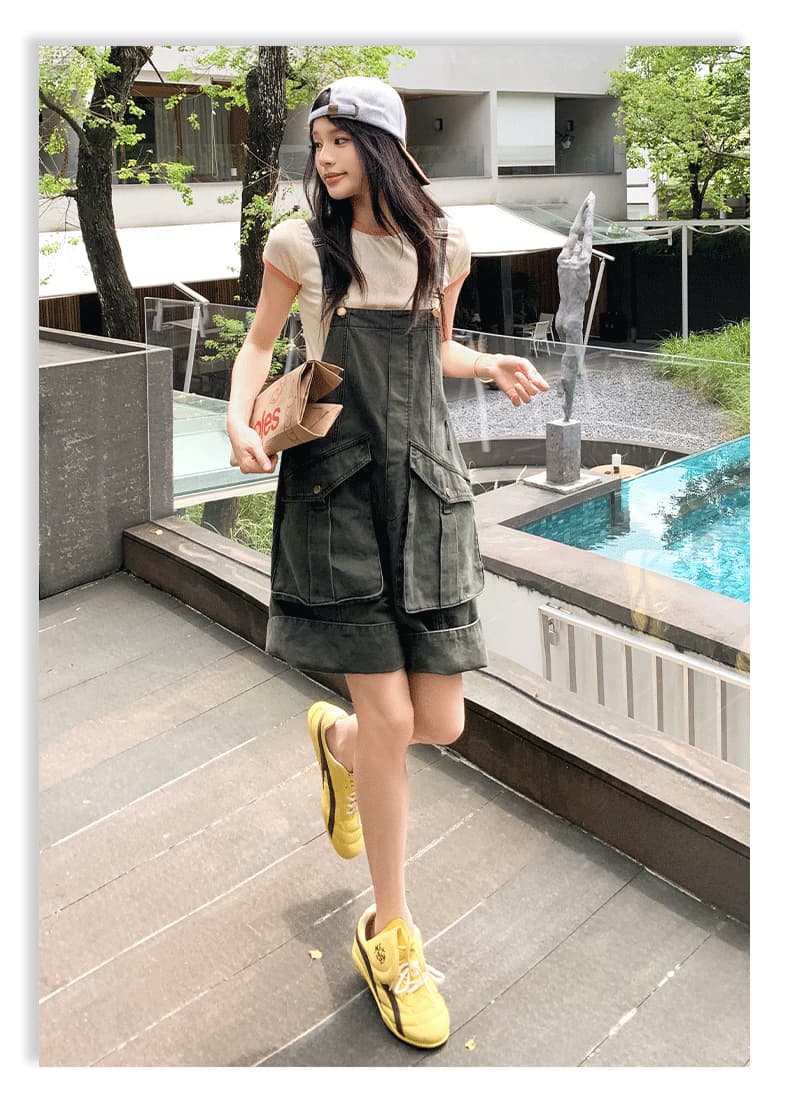 일본 싱글 레트로 마 오래된 워싱 데님 루즈핏 표지 넓적 다리 슬림해 보이는 연령 감소 다용도 워크웨어 멜빵 반바지 상세 이미지 20