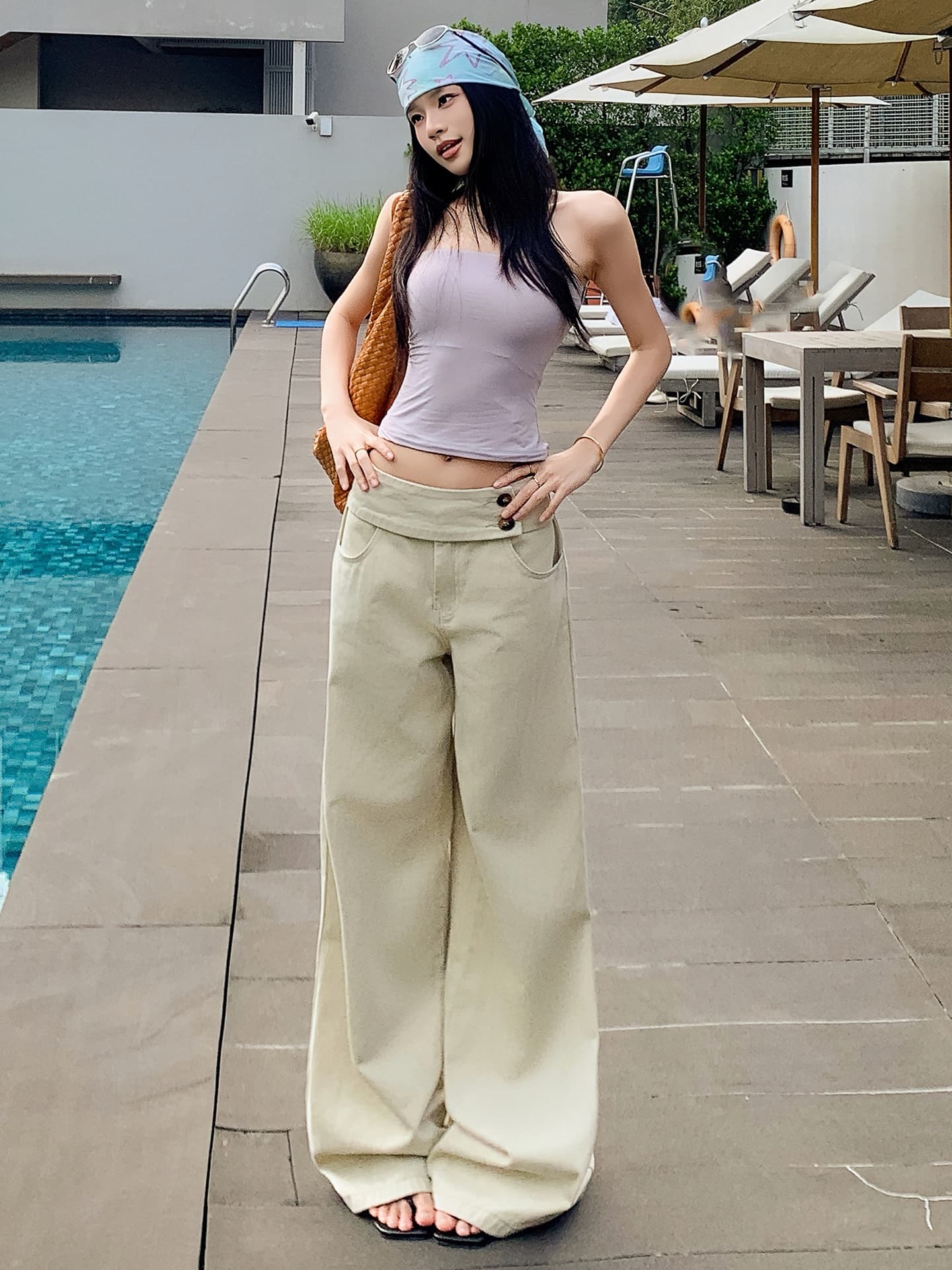 샤오홍 예약하기 추천 아메리칸 레트로 더블 버클 강화하다 허리 머리 숨기기 고기 표지 넓적 다리 캐주얼 선택하지 마라. 몸 와이드 레그 팬츠
