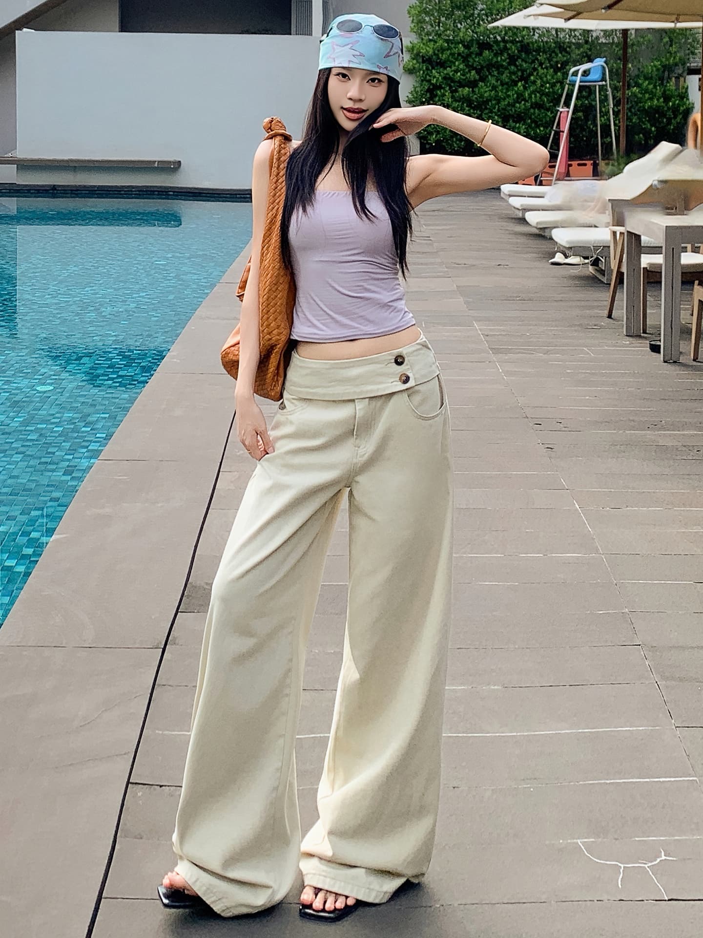 샤오홍 예약하기 추천 아메리칸 레트로 더블 버클 강화하다 허리 머리 숨기기 고기 표지 넓적 다리 캐주얼 선택하지 마라. 몸 와이드 레그 팬츠 이미지 2
