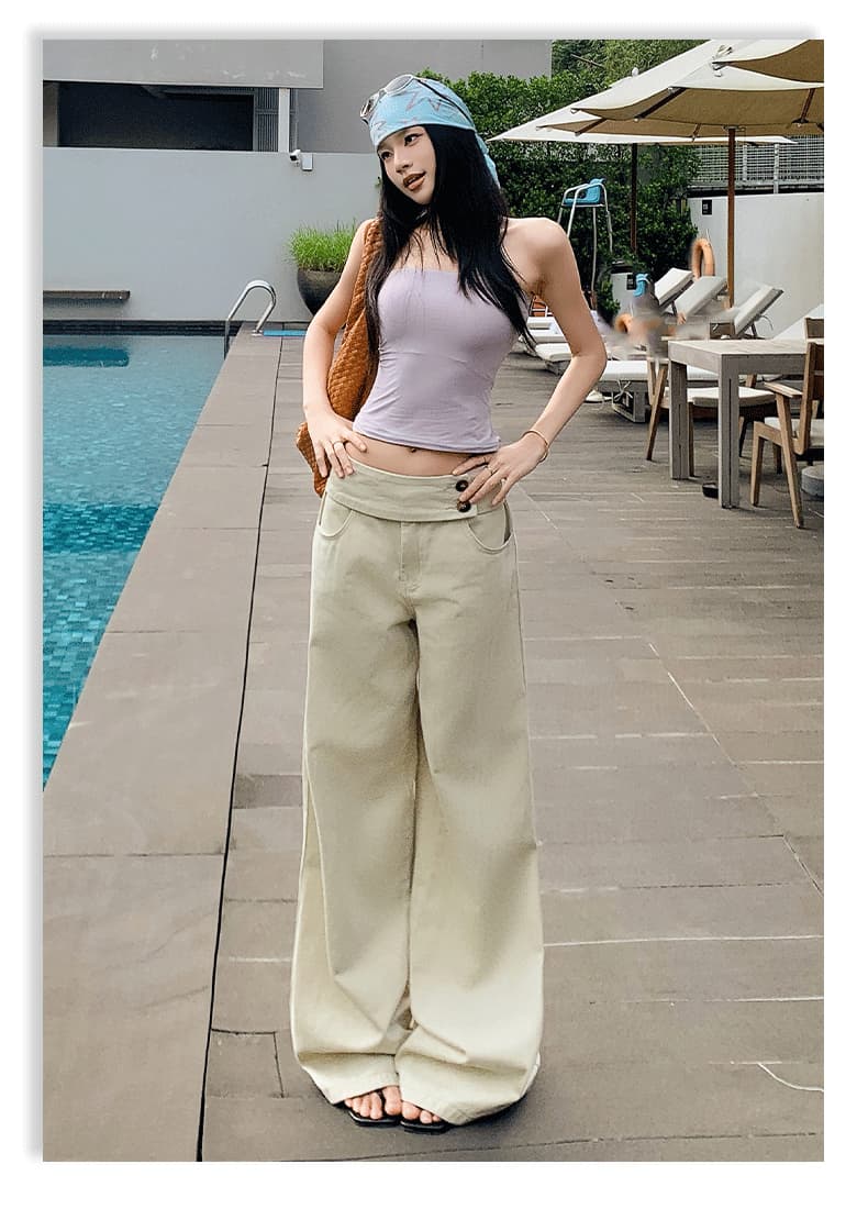 샤오홍 예약하기 추천 아메리칸 레트로 더블 버클 강화하다 허리 머리 숨기기 고기 표지 넓적 다리 캐주얼 선택하지 마라. 몸 와이드 레그 팬츠 상세 이미지 18