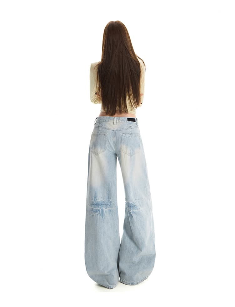 한국 동대문 여성 의류 높음 거리 아메리칸 워싱 데님 긴 바지 여성 고양이 반드시 압력 주름 표지 고기 넓은 다리 스트레이트 팬츠 상세 이미지 15