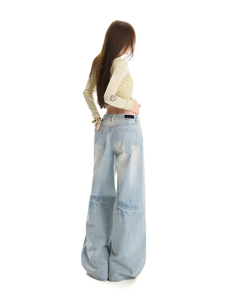 한국 동대문 여성 의류 높음 거리 아메리칸 워싱 데님 긴 바지 여성 고양이 반드시 압력 주름 표지 고기 넓은 다리 스트레이트 팬츠 상세 이미지 18