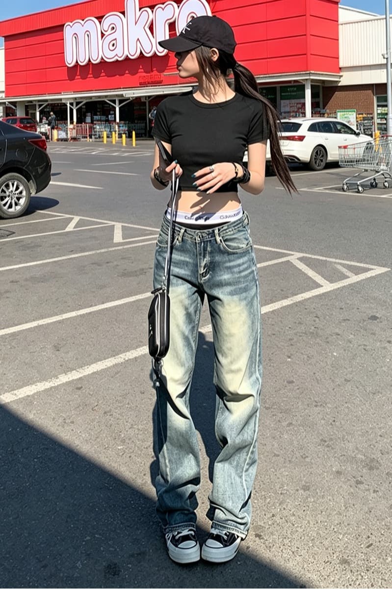 샤오홍 예약하기 추천 아메리칸 레트로 워싱 부츠컷 작은 키 좁은 에디션 와이드 레깅스 바지 하이웨이스트 스트레이트 데님 바지 이미지 6