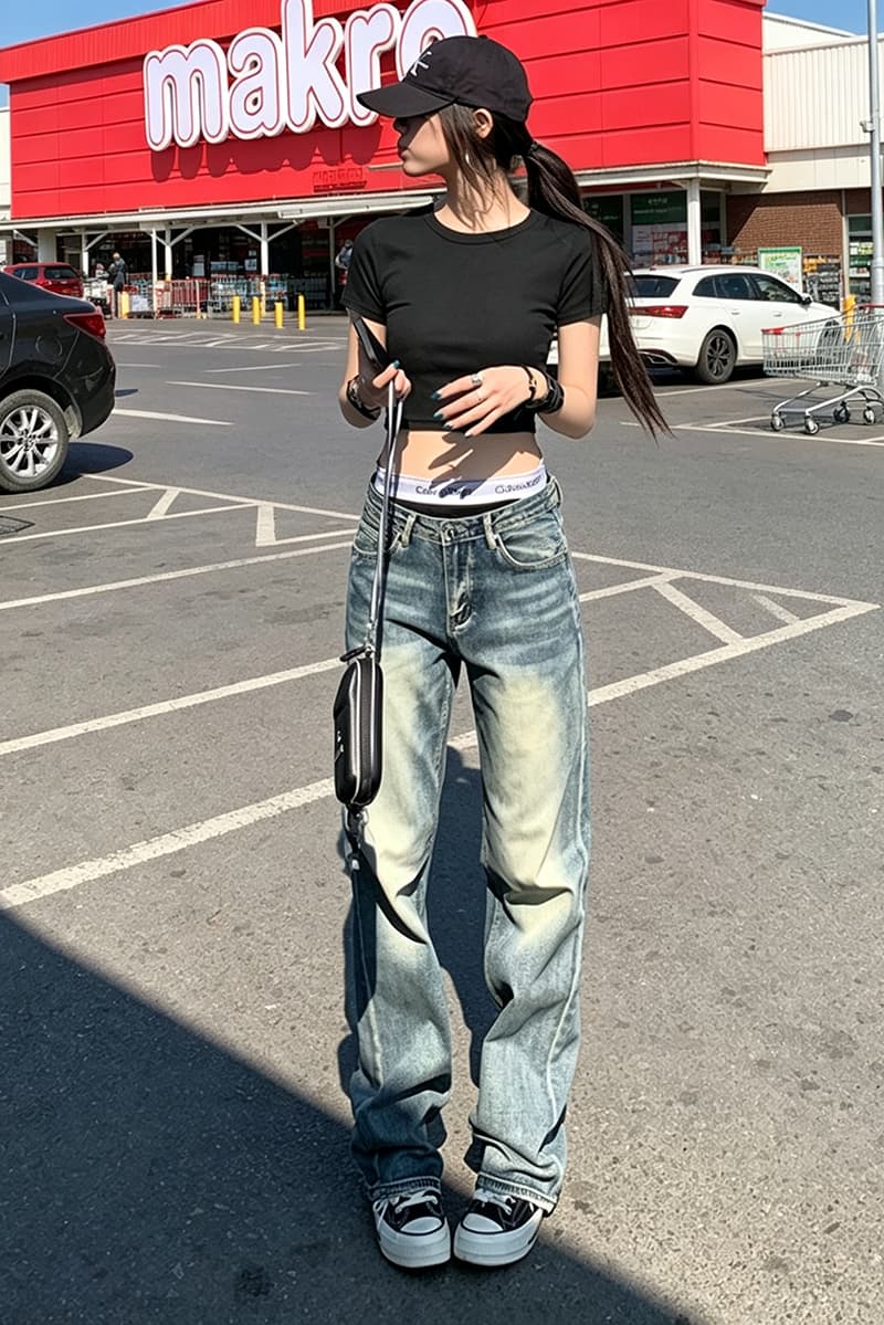 샤오홍 예약하기 추천 아메리칸 레트로 워싱 부츠컷 작은 키 좁은 에디션 와이드 레깅스 바지 하이웨이스트 스트레이트 데님 바지 상세 이미지 3