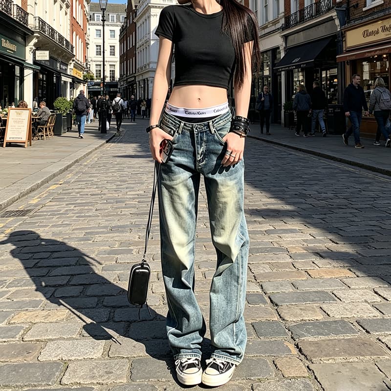 샤오홍 예약하기 추천 아메리칸 레트로 워싱 부츠컷 작은 키 좁은 에디션 와이드 레깅스 바지 하이웨이스트 스트레이트 데님 바지 상세 이미지 4