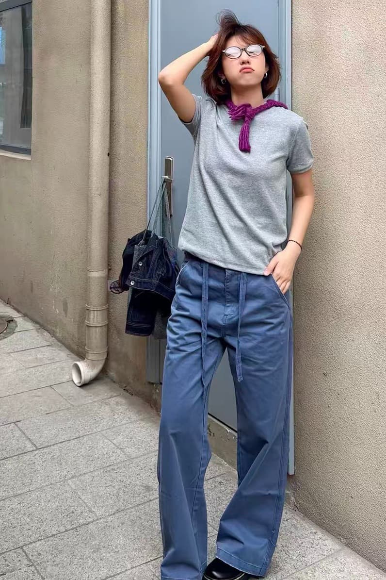 샤오홍 예약하기 아메리칸 레트로 vintage 우아함 블루 법 일 바지 무거운 워싱 마 오래된 스트레이트 루즈핏 워크웨어 팬츠 여성 이미지 6