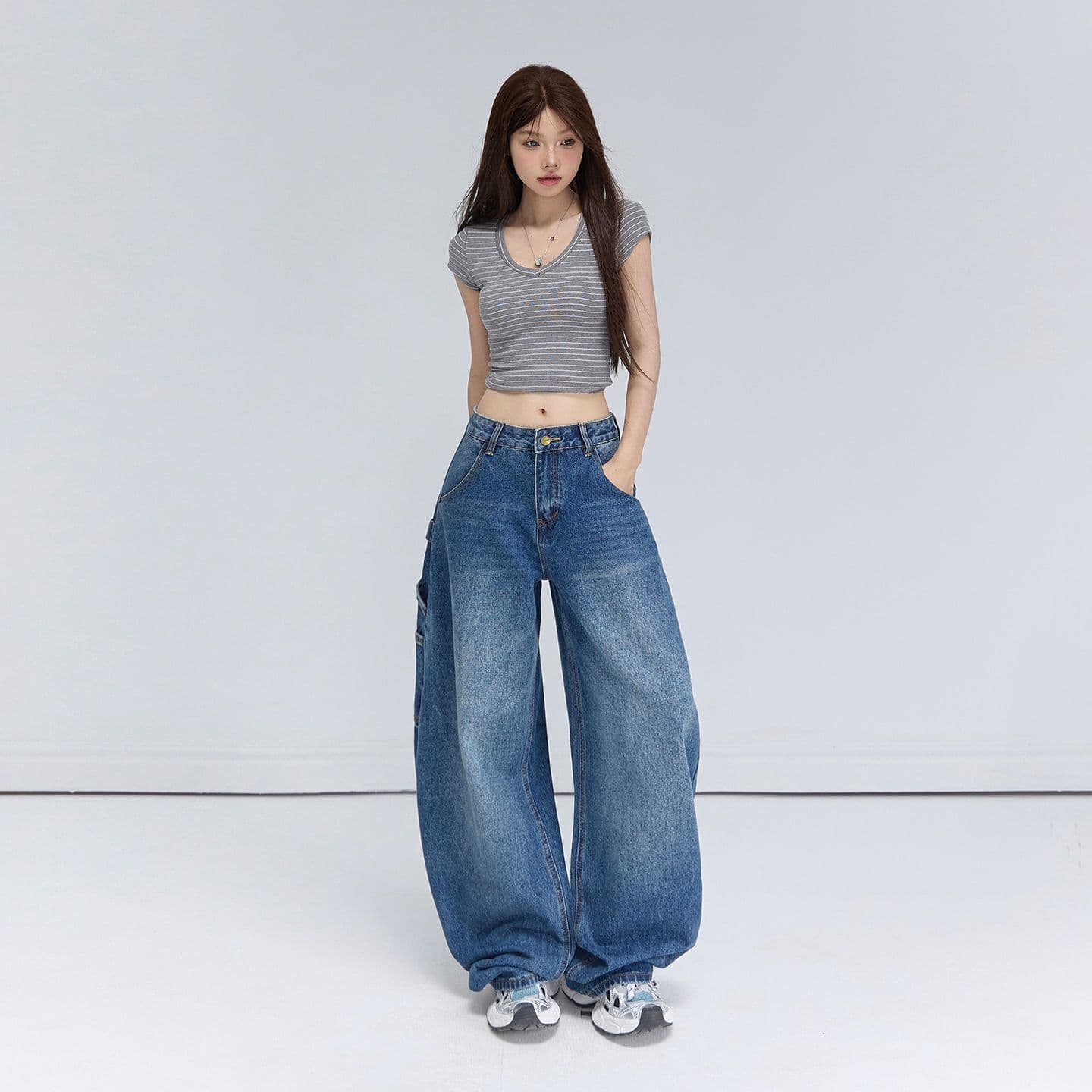 생방송 2026 켜기 새로운 작은 대중 아메리칸 워크웨어 모통이 칼 청바지 여성 넓은 다리 핏 스타일 표지 고기 슬림해 보이는 다용도 바지 이미지 2