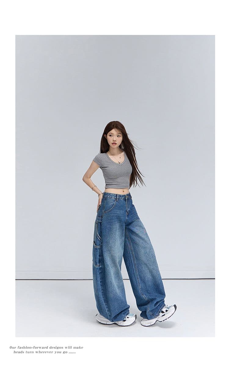 생방송 2026 켜기 새로운 작은 대중 아메리칸 워크웨어 모통이 칼 청바지 여성 넓은 다리 핏 스타일 표지 고기 슬림해 보이는 다용도 바지 상세 이미지 18