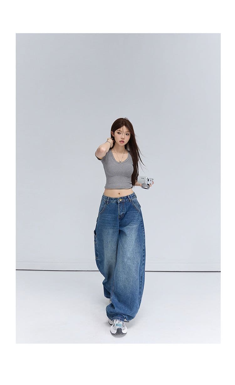 생방송 2026 켜기 새로운 작은 대중 아메리칸 워크웨어 모통이 칼 청바지 여성 넓은 다리 핏 스타일 표지 고기 슬림해 보이는 다용도 바지 상세 이미지 19