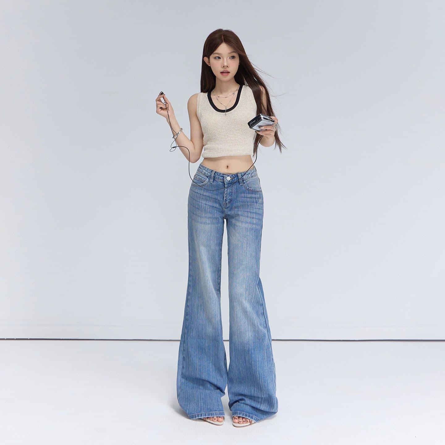 일본 싱글 거리 핫걸 착용 가져 가라. 로우 웨이스트 나팔 청바지 아메리칸 레트로 대나무 마디 곡물 디스플레이 다리 길이 다용도 긴 바지