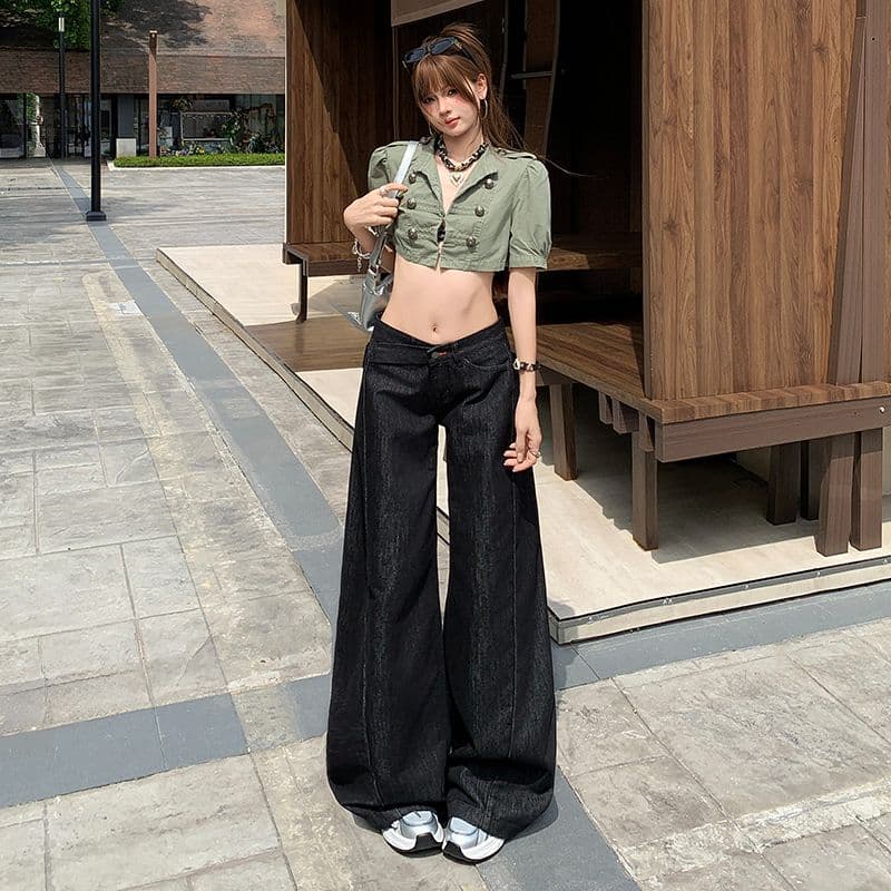 샤오홍 예약하기 추천 원색 레트로 데님 와이드 레깅스 바지 새로운 개성 비스듬한 허리 머리 로우 웨이스트 슬림해 보이는 다용도 바지 이미지 2