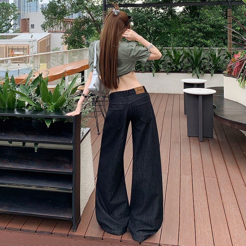 샤오홍 예약하기 추천 원색 레트로 데님 와이드 레깅스 바지 새로운 개성 비스듬한 허리 머리 로우 웨이스트 슬림해 보이는 다용도 바지 이미지 4