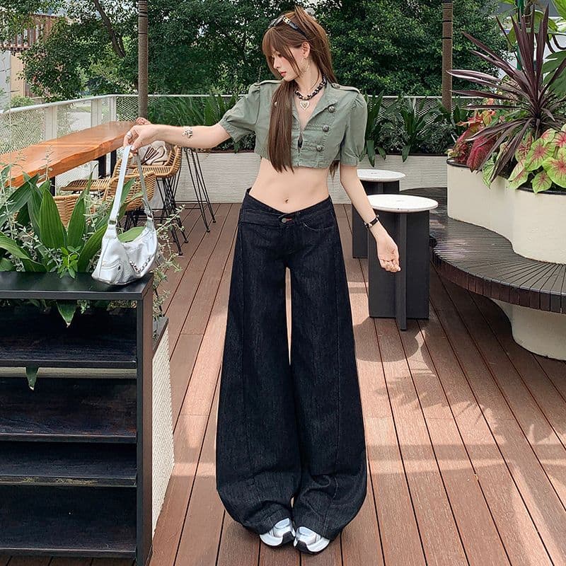 샤오홍 예약하기 추천 원색 레트로 데님 와이드 레깅스 바지 새로운 개성 비스듬한 허리 머리 로우 웨이스트 슬림해 보이는 다용도 바지