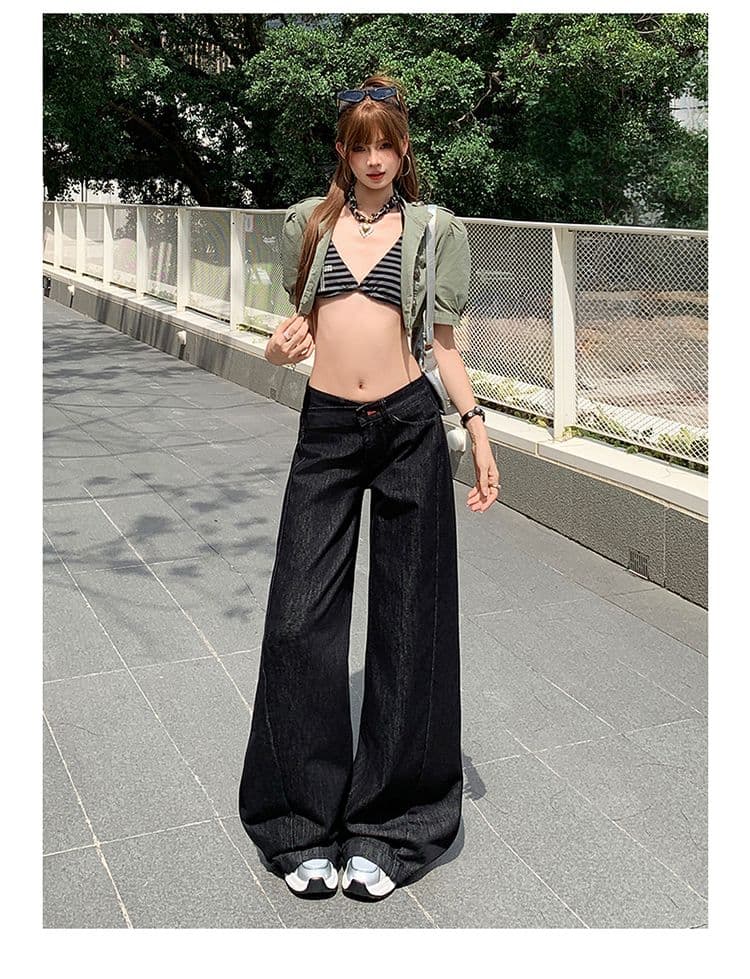 샤오홍 예약하기 추천 원색 레트로 데님 와이드 레깅스 바지 새로운 개성 비스듬한 허리 머리 로우 웨이스트 슬림해 보이는 다용도 바지 상세 이미지 8