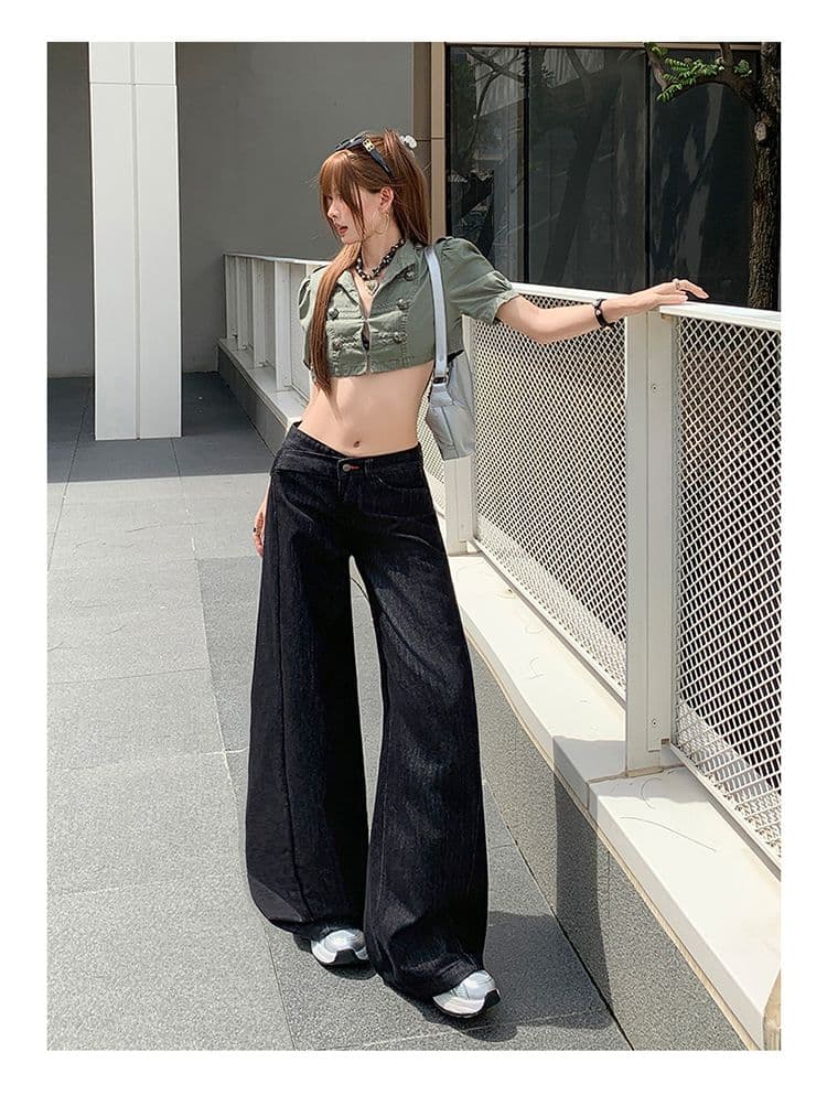샤오홍 예약하기 추천 원색 레트로 데님 와이드 레깅스 바지 새로운 개성 비스듬한 허리 머리 로우 웨이스트 슬림해 보이는 다용도 바지 상세 이미지 11