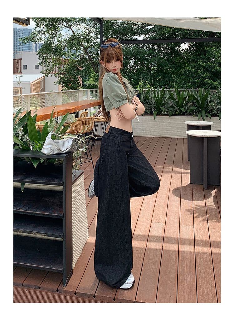 샤오홍 예약하기 추천 원색 레트로 데님 와이드 레깅스 바지 새로운 개성 비스듬한 허리 머리 로우 웨이스트 슬림해 보이는 다용도 바지 상세 이미지 14