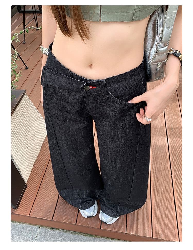 샤오홍 예약하기 추천 원색 레트로 데님 와이드 레깅스 바지 새로운 개성 비스듬한 허리 머리 로우 웨이스트 슬림해 보이는 다용도 바지 상세 이미지 18