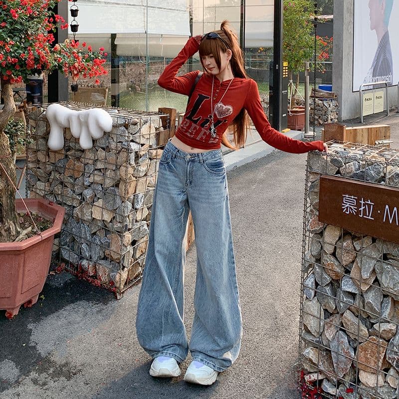 남쪽 기름 높은 품질 워싱 작은 모통이 칼 데님 와이드 레깅스 바지 레트로 마 오래된 없음 폭탄 원단 로우 웨이스트 스트레이트 바지 이미지 2