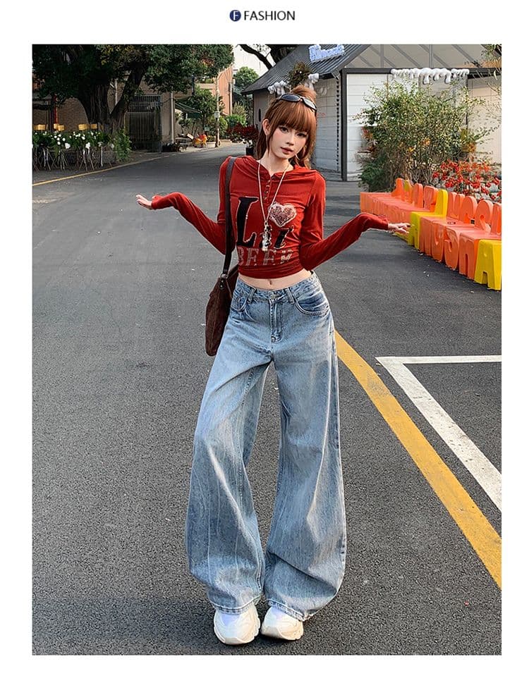 남쪽 기름 높은 품질 워싱 작은 모통이 칼 데님 와이드 레깅스 바지 레트로 마 오래된 없음 폭탄 원단 로우 웨이스트 스트레이트 바지 상세 이미지 5