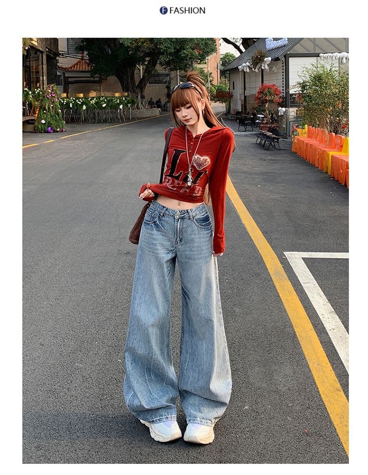 남쪽 기름 높은 품질 워싱 작은 모통이 칼 데님 와이드 레깅스 바지 레트로 마 오래된 없음 폭탄 원단 로우 웨이스트 스트레이트 바지 상세 이미지 6