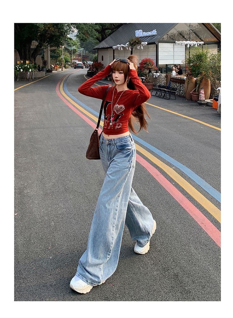 남쪽 기름 높은 품질 워싱 작은 모통이 칼 데님 와이드 레깅스 바지 레트로 마 오래된 없음 폭탄 원단 로우 웨이스트 스트레이트 바지 상세 이미지 7
