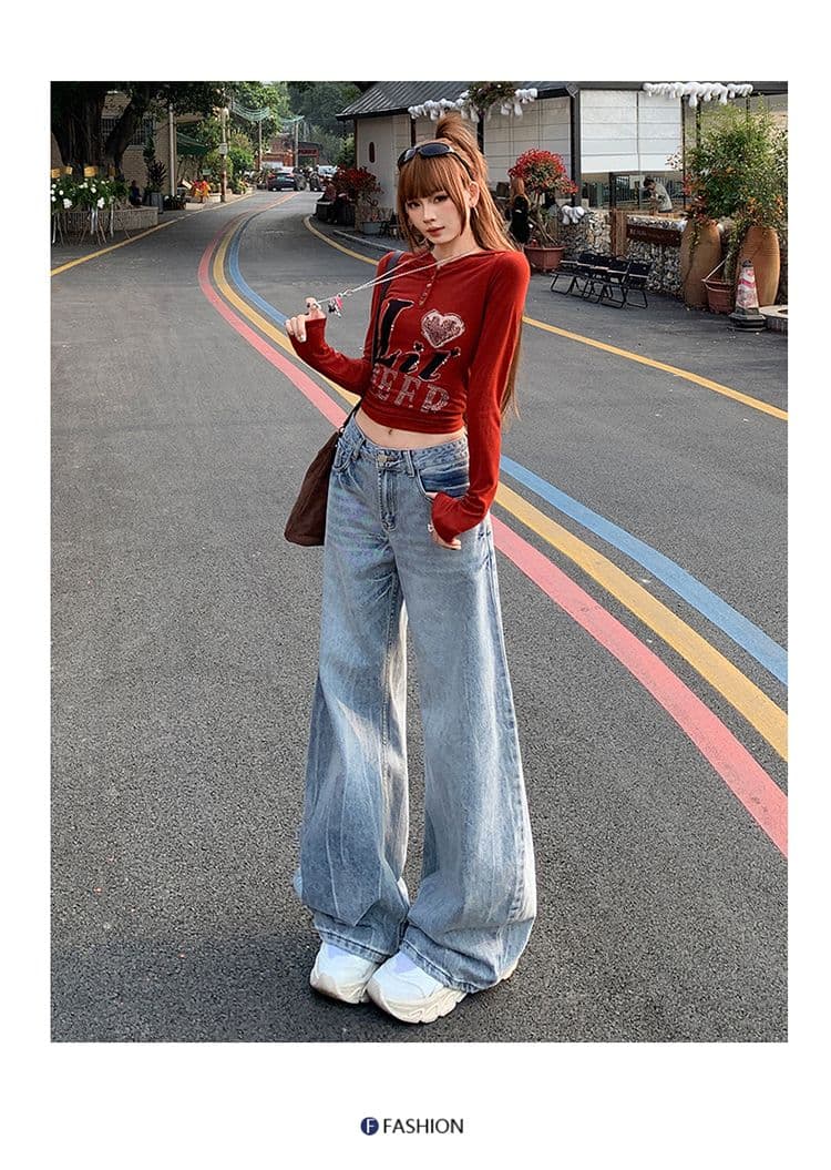 남쪽 기름 높은 품질 워싱 작은 모통이 칼 데님 와이드 레깅스 바지 레트로 마 오래된 없음 폭탄 원단 로우 웨이스트 스트레이트 바지 상세 이미지 9