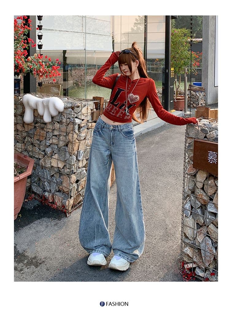 남쪽 기름 높은 품질 워싱 작은 모통이 칼 데님 와이드 레깅스 바지 레트로 마 오래된 없음 폭탄 원단 로우 웨이스트 스트레이트 바지 상세 이미지 10