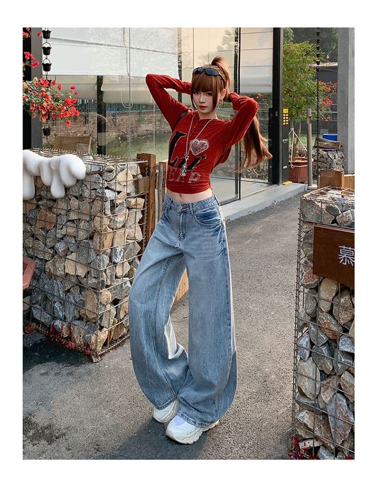 남쪽 기름 높은 품질 워싱 작은 모통이 칼 데님 와이드 레깅스 바지 레트로 마 오래된 없음 폭탄 원단 로우 웨이스트 스트레이트 바지 상세 이미지 11