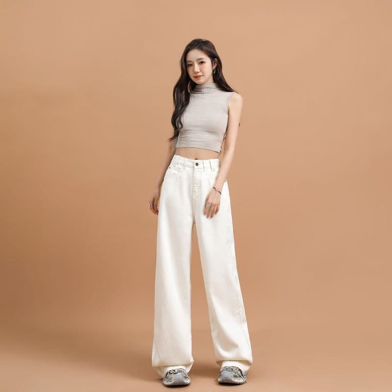 일본 싱글 여름 주요 추진력 품격 우유 살구 색상 넓은 다리 청바지 프로 피부 라이 경기 서울 원단 바닥 청소 캐주얼 긴 바지 이미지 4