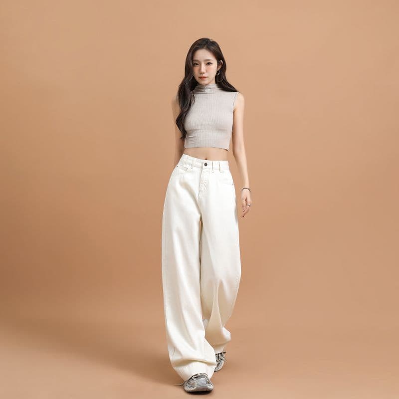 일본 싱글 여름 주요 추진력 품격 우유 살구 색상 넓은 다리 청바지 프로 피부 라이 경기 서울 원단 바닥 청소 캐주얼 긴 바지 이미지 2