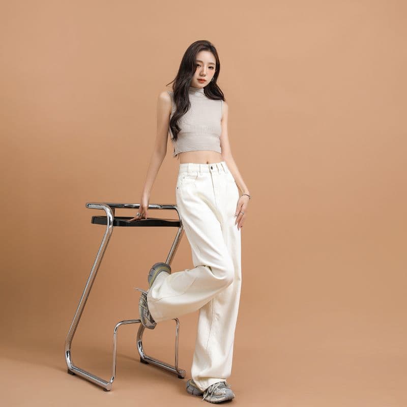 일본 싱글 여름 주요 추진력 품격 우유 살구 색상 넓은 다리 청바지 프로 피부 라이 경기 서울 원단 바닥 청소 캐주얼 긴 바지 이미지 3