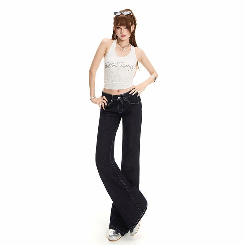 일본식 아메리칸 레트로 단 닝 로우 웨이스트 부츠컷 긴 바지 아니요 막대기 다리 슬림해 보이는 바닥 청소 다용도 트렌드 나팔 청바지 이미지 5