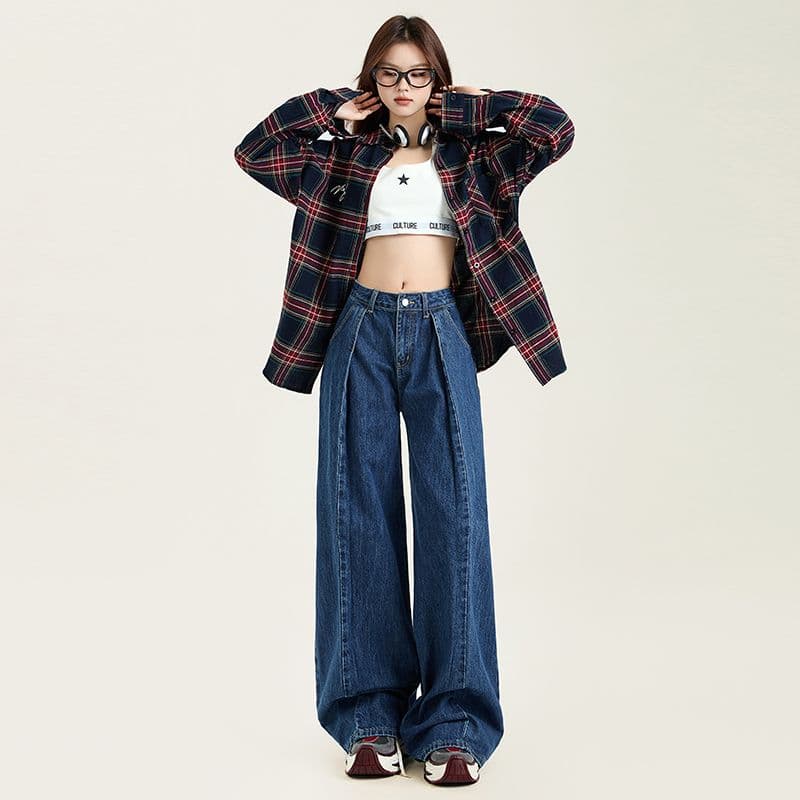 한 부서 가을 신제품 진한 파란색 하이 웨이스트 청바지 여성 작은 키 아니요 막대기 다리 슬림해 보이는 스트레이트 넓은 다리 길이 바지